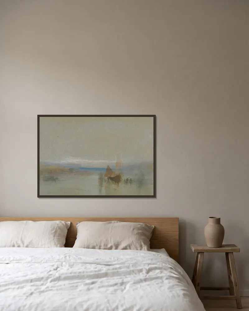 Fiskebåtar i stiltje utanför Le Havre av Joseph Mallord William Turner inramad på en vägg