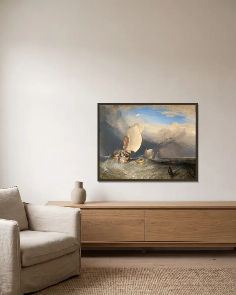Fiskebåtar med fiskhandlare som prutar om fisk av Joseph Mallord William Turner inramad på en vägg