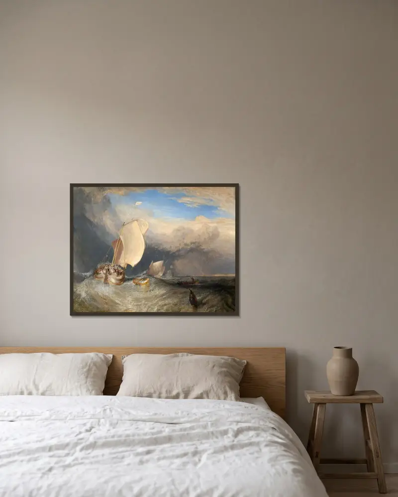 Fiskebåtar med fiskhandlare som prutar om fisk av Joseph Mallord William Turner inramad på en vägg