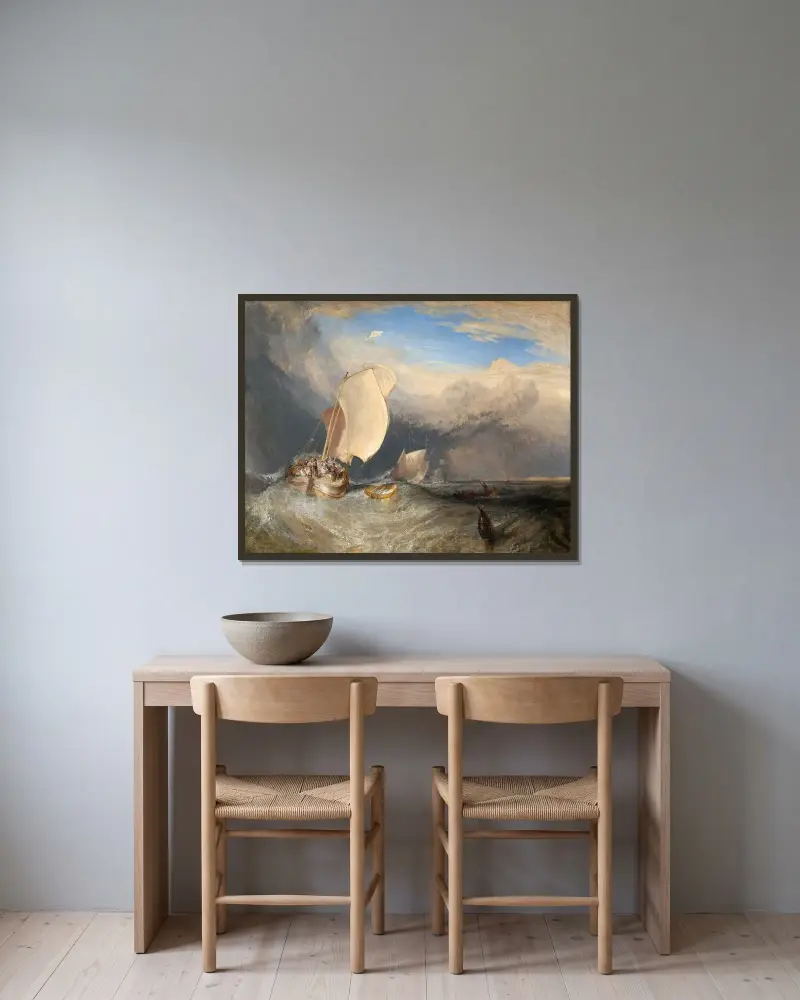 Fiskebåtar med fiskhandlare som prutar om fisk av Joseph Mallord William Turner inramad på en vägg