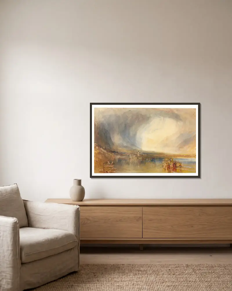 Flüelen, vom Vierwaldstättersee von Joseph Mallord William Turner gerahmt an einer Wand
