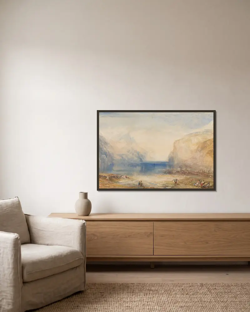 Fluelen – ráno (pohled k jezeru), Joseph Mallord William Turner v rámu na stěně