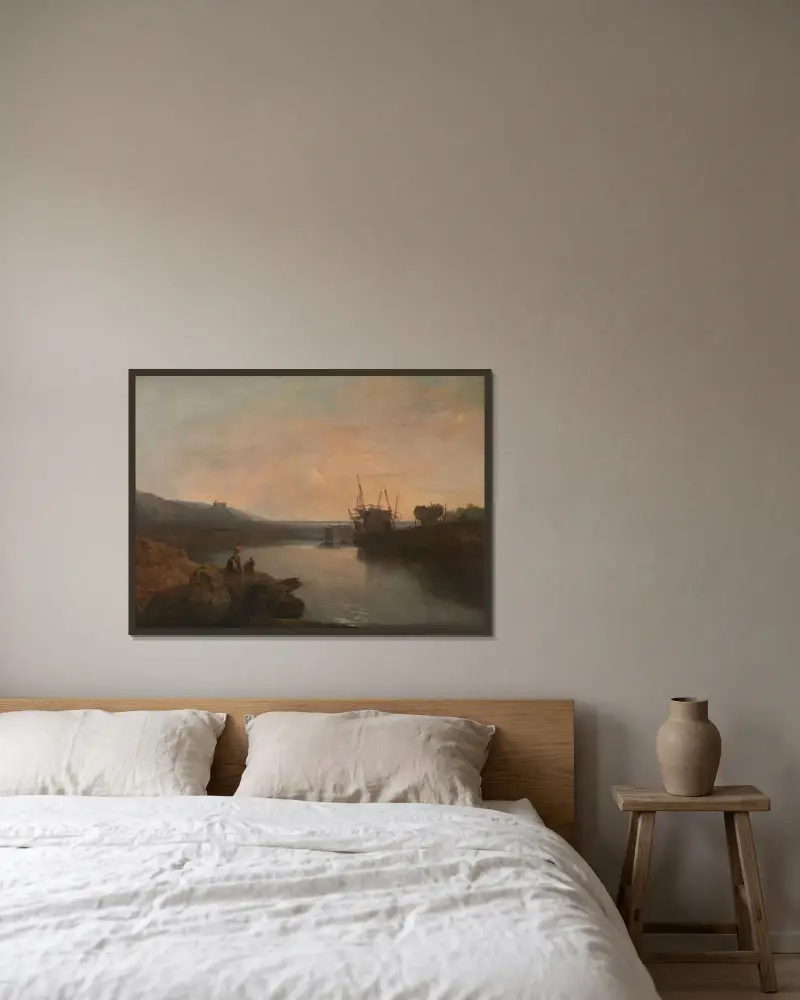 Harlech Castle, från Tygwyn Ferry, sommarens skymning av Joseph Mallord William Turner inramad på en vägg