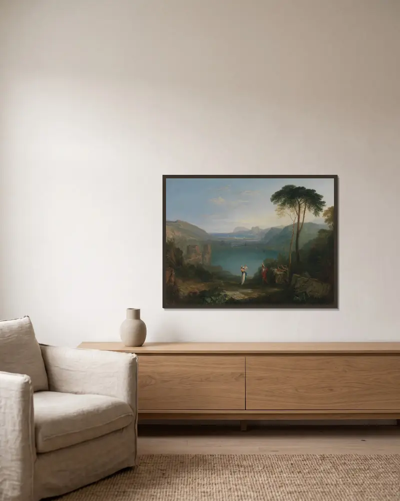 Avernersjön: Aeneas och den cumeiska sibyllan av Joseph Mallord William Turner inramad på en vägg