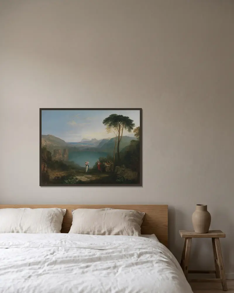 Avernersjön: Aeneas och den cumeiska sibyllan av Joseph Mallord William Turner inramad på en vägg