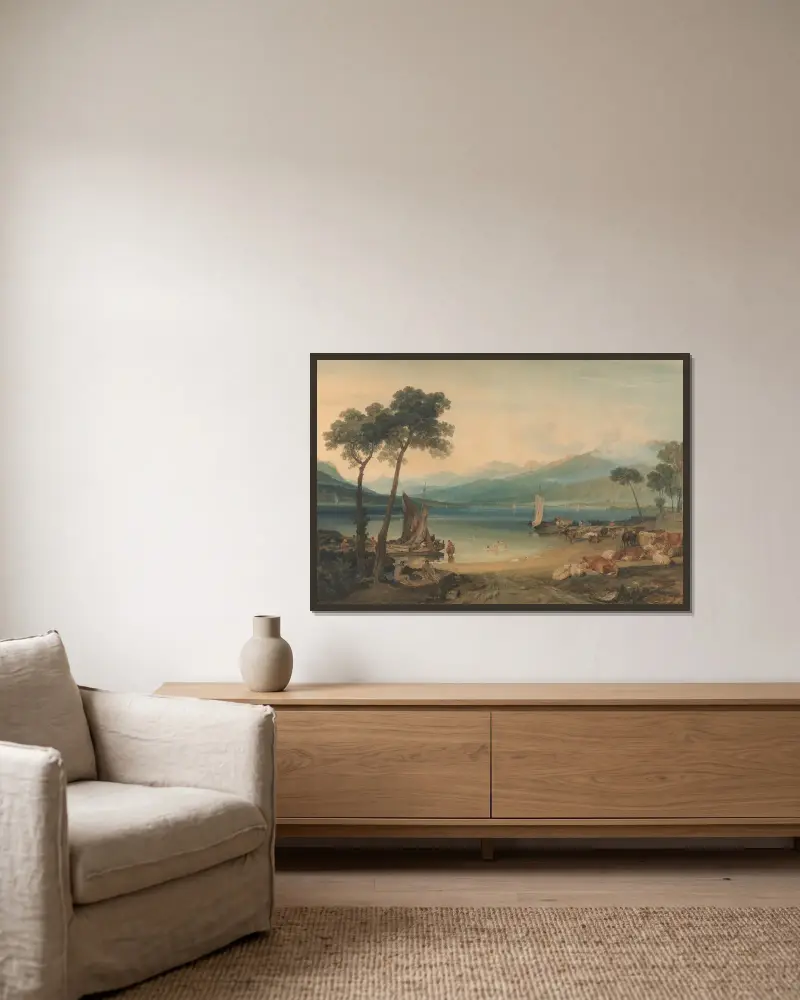 Der Genfersee und der Mont Blanc von Joseph Mallord William Turner gerahmt an einer Wand