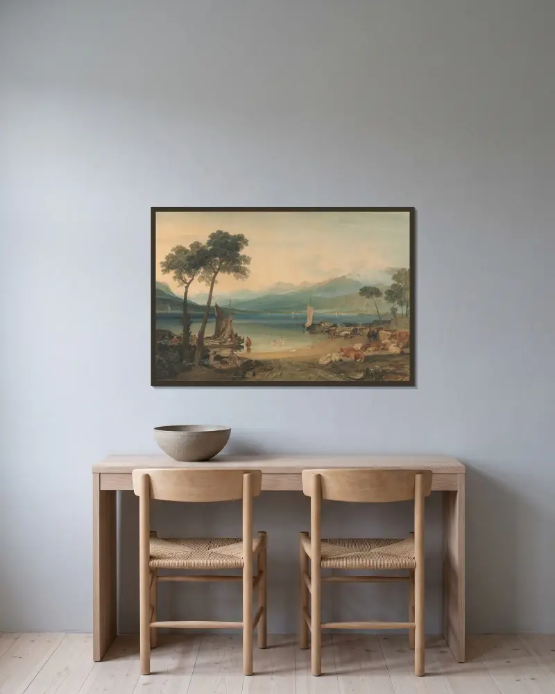 Der Genfersee und der Mont Blanc von Joseph Mallord William Turner gerahmt an einer Wand