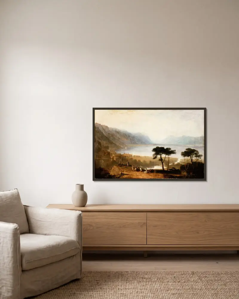 Der Genfersee von Montreux aus gesehen von Joseph Mallord William Turner gerahmt an einer Wand