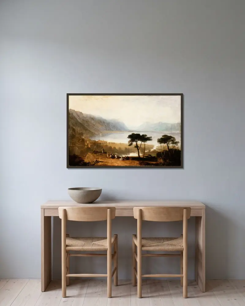 Der Genfersee von Montreux aus gesehen von Joseph Mallord William Turner gerahmt an einer Wand