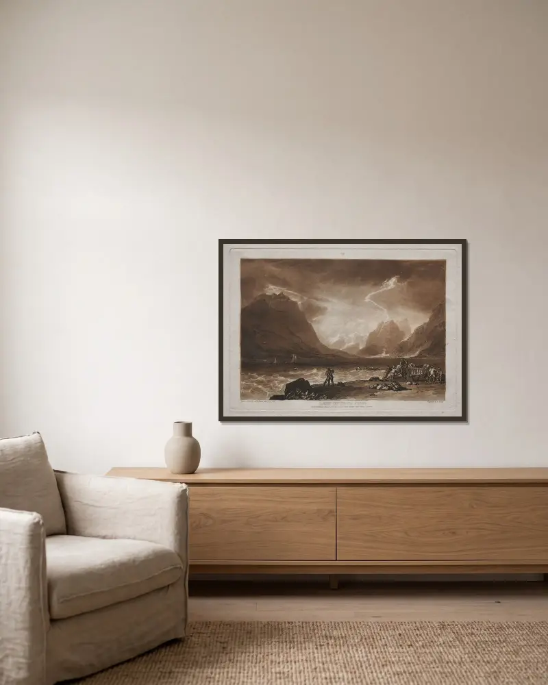 Thunsjön, Schweiz av Joseph Mallord William Turner inramad på en vägg