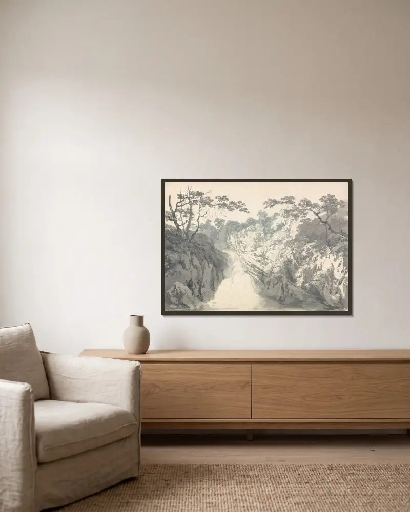 Landschaft mit Wasserfall von Joseph Mallord William Turner gerahmt an einer Wand