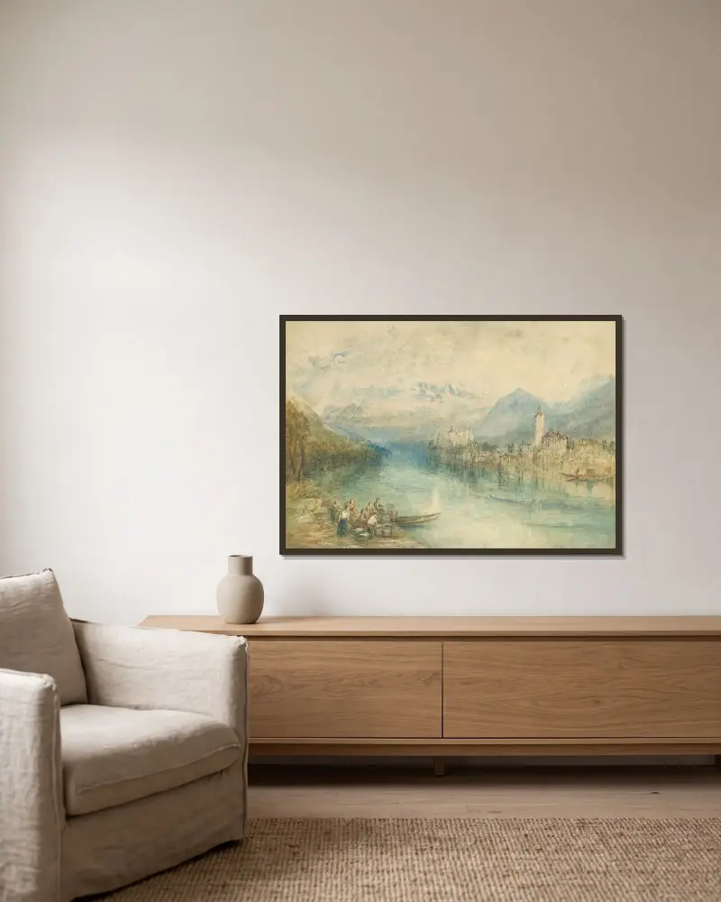 Blick auf den Thunersee, von der gegenüberliegenden Seite bei Scherzligen, mit Schloss Schadau und dem Niesen in der Ferne, Schweiz von Joseph Mallord William Turner gerahmt an einer Wand