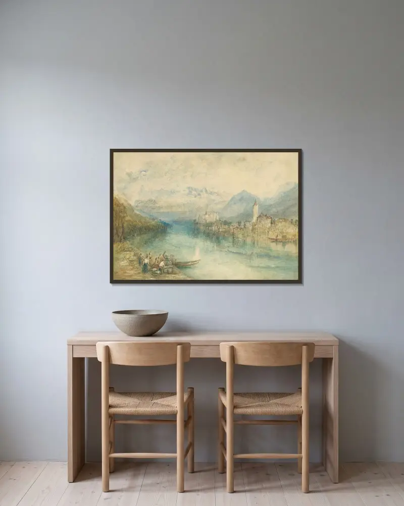 Blick auf den Thunersee, von der gegenüberliegenden Seite bei Scherzligen, mit Schloss Schadau und dem Niesen in der Ferne, Schweiz von Joseph Mallord William Turner gerahmt an einer Wand