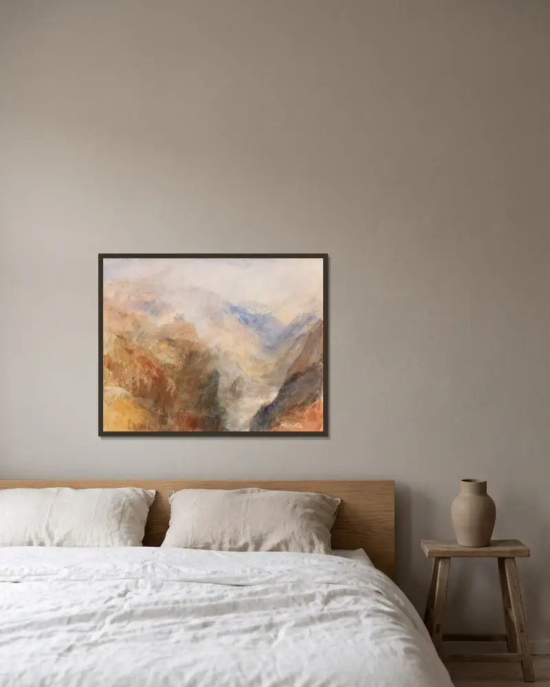 Montjovet sett nedanför Saint-Vincent, med utsikt nedåt Val d'Aosta mot Berriaz av Joseph Mallord William Turner inramad på en vägg