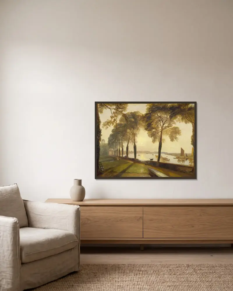 Mortlake Terrace von Joseph Mallord William Turner gerahmt an einer Wand