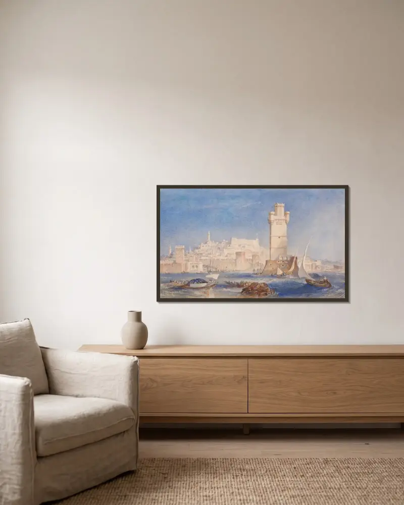 Rhodes av Joseph Mallord William Turner inramad på en vägg