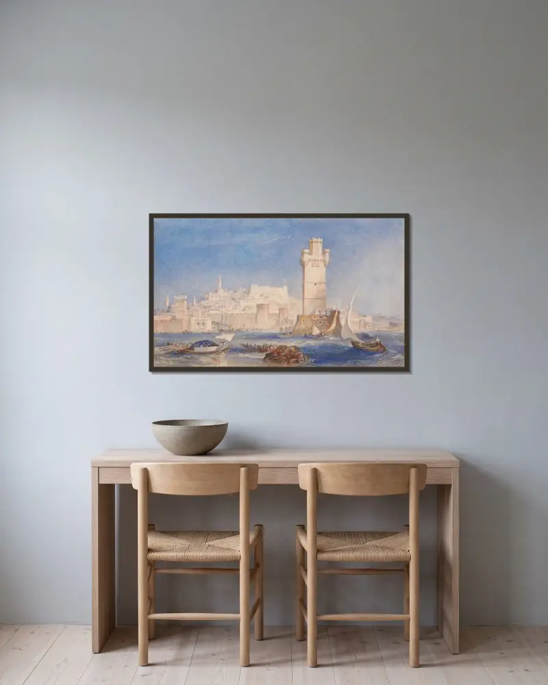 Rhodes av Joseph Mallord William Turner inramad på en vägg