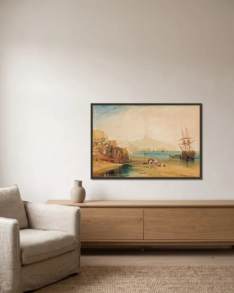 Scarborough, stad och slott; morgon; pojkar som fiskar krabbor av Joseph Mallord William Turner inramad på en vägg