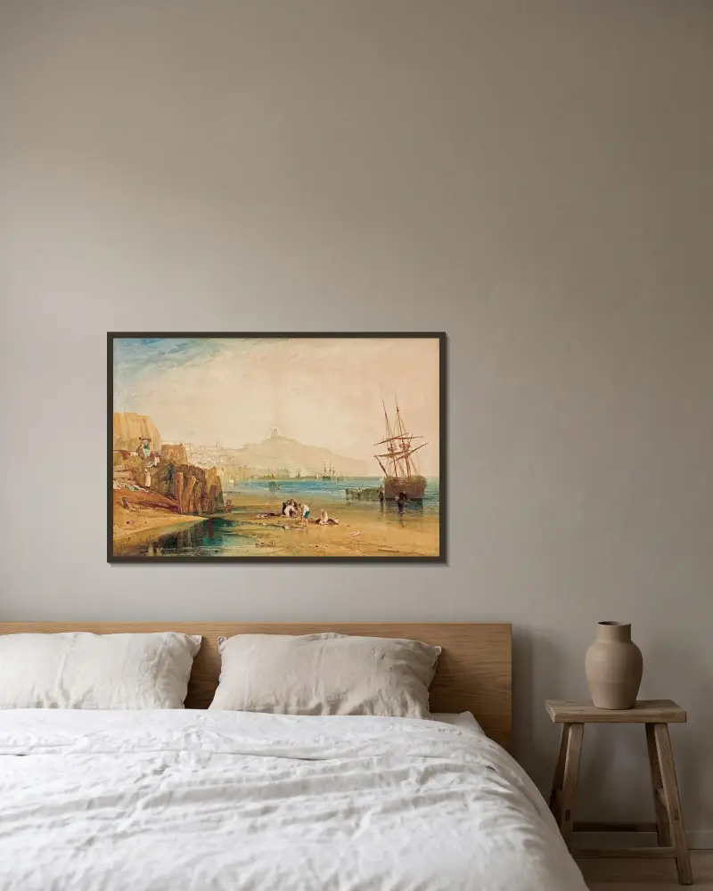 Scarborough, stad och slott; morgon; pojkar som fiskar krabbor av Joseph Mallord William Turner inramad på en vägg