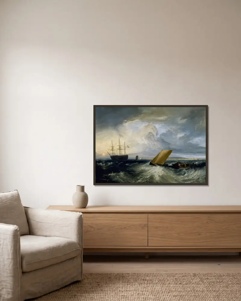 Sheerness pohledem z Nore, Joseph Mallord William Turner v rámu na stěně