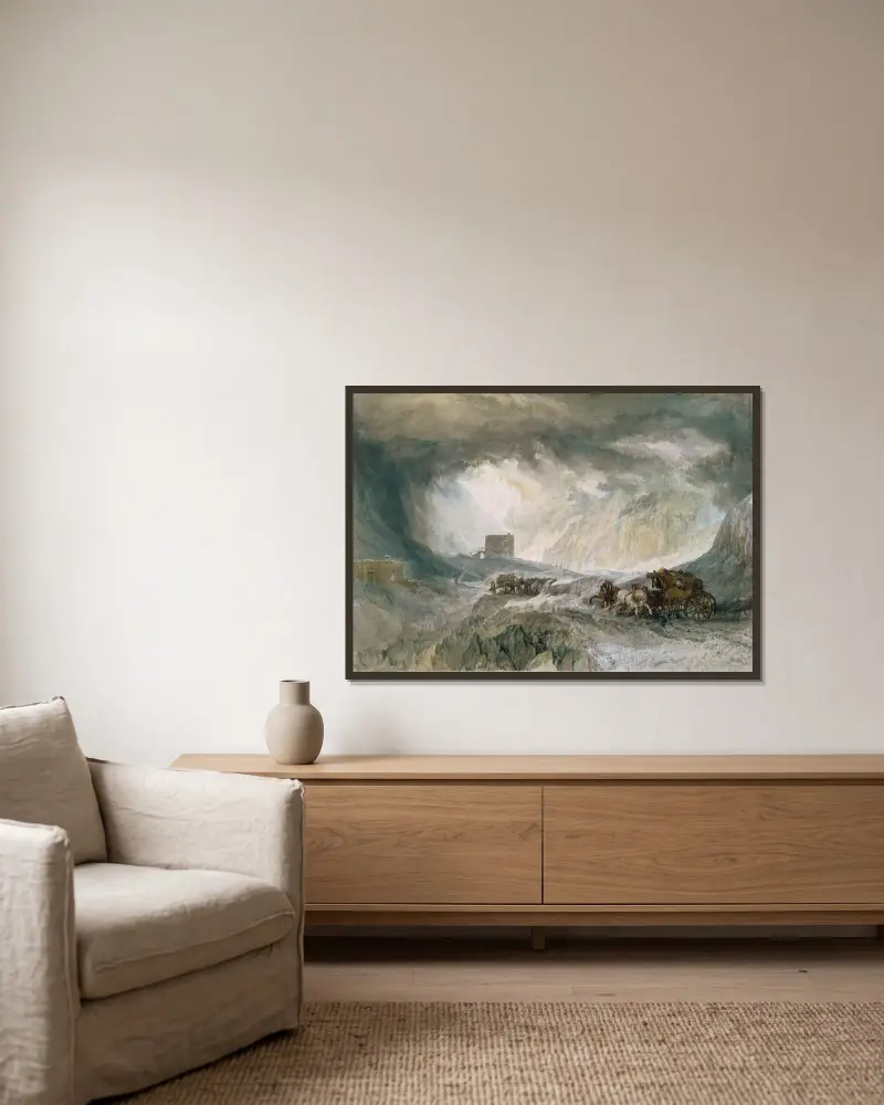 Snowstorm, Mont Cenis av Joseph Mallord William Turner inramad på en vägg
