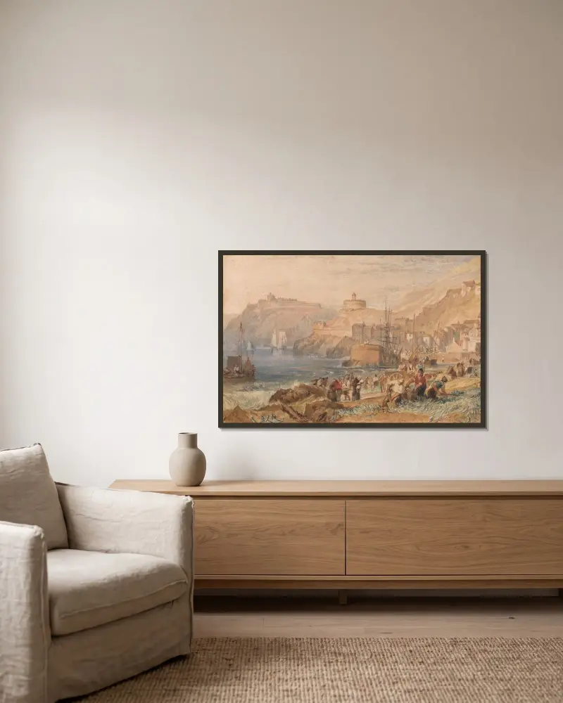St. Mawes, Cornwall av Joseph Mallord William Turner inramad på en vägg