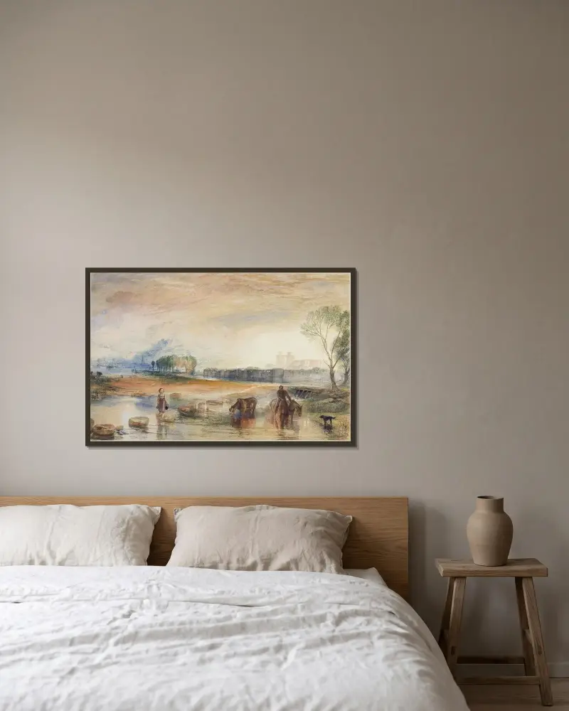 Sunset and Moonrise av Joseph Mallord William Turner inramad på en vägg