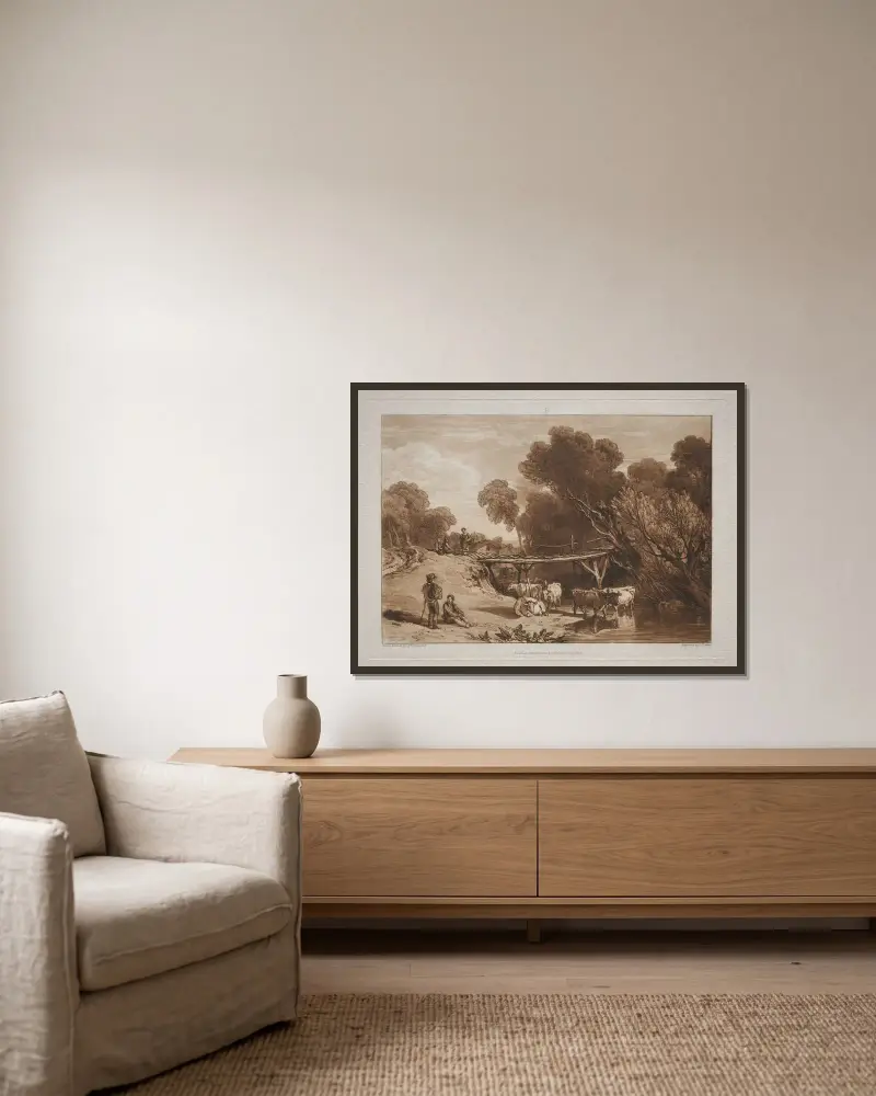 Die Brücke und die Kühe von Joseph Mallord William Turner gerahmt an einer Wand
