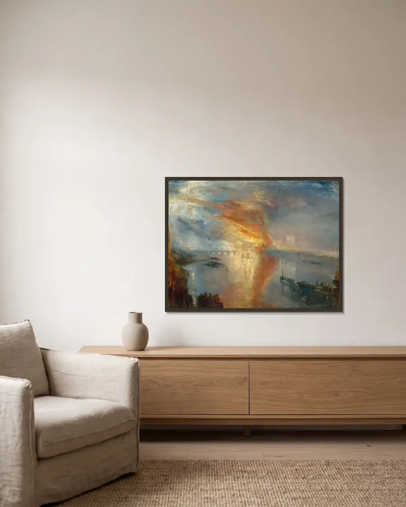 Överhusets och underhusets brand, 16 oktober 1834 av Joseph Mallord William Turner inramad på en vägg