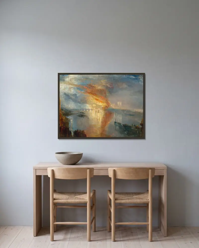 Överhusets och underhusets brand, 16 oktober 1834 av Joseph Mallord William Turner inramad på en vägg