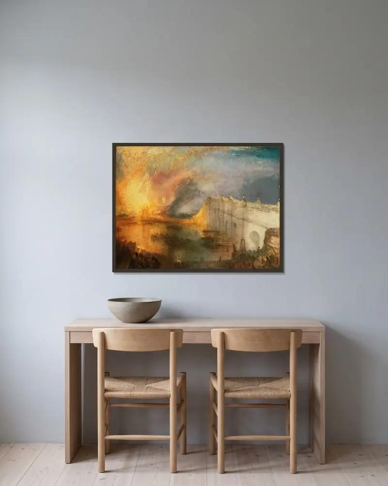 Parlamentets brand, 16 oktober 1834 av Joseph Mallord William Turner inramad på en vägg