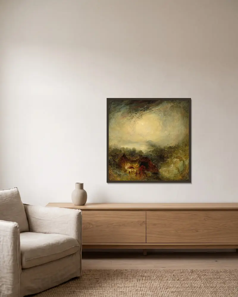 Syndflodens kväll av Joseph Mallord William Turner inramad på en vägg