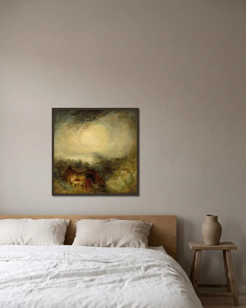 Syndflodens kväll av Joseph Mallord William Turner inramad på en vägg