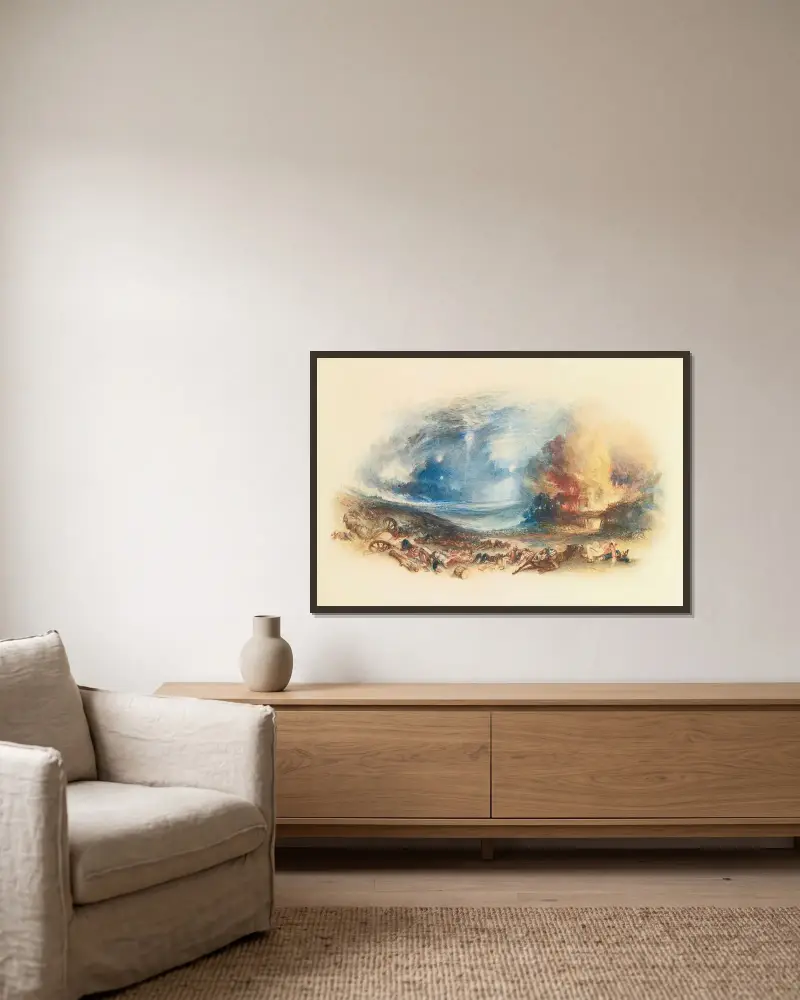 Slaget vid Waterloo sett från Hougoumont av Joseph Mallord William Turner inramad på en vägg