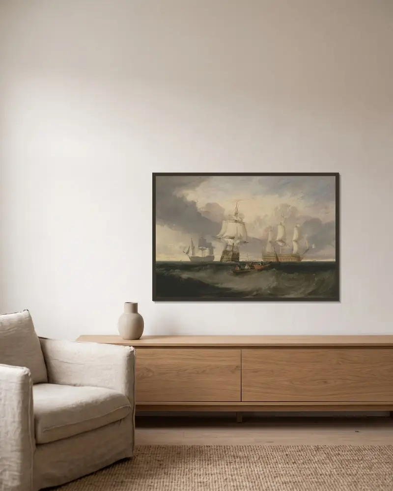 Segerfartyget återvänder från Trafalgar, i tre positioner av Joseph Mallord William Turner inramad på en vägg