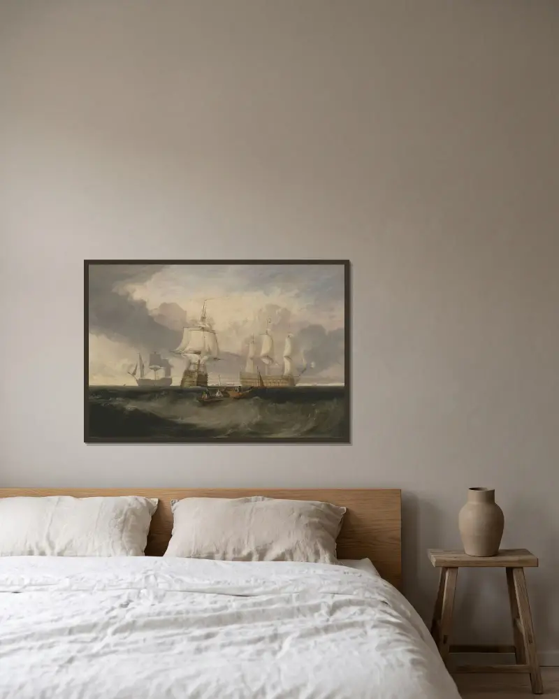 Segerfartyget återvänder från Trafalgar, i tre positioner av Joseph Mallord William Turner inramad på en vägg