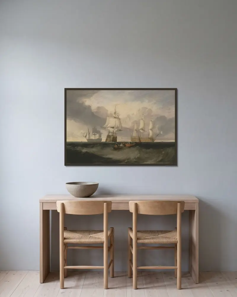Segerfartyget återvänder från Trafalgar, i tre positioner av Joseph Mallord William Turner inramad på en vägg