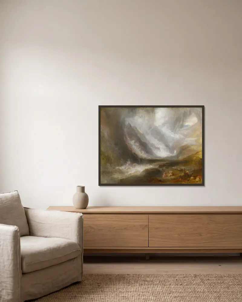Aostadalen; snöstorm, lavin och åskväder av Joseph Mallord William Turner inramad på en vägg