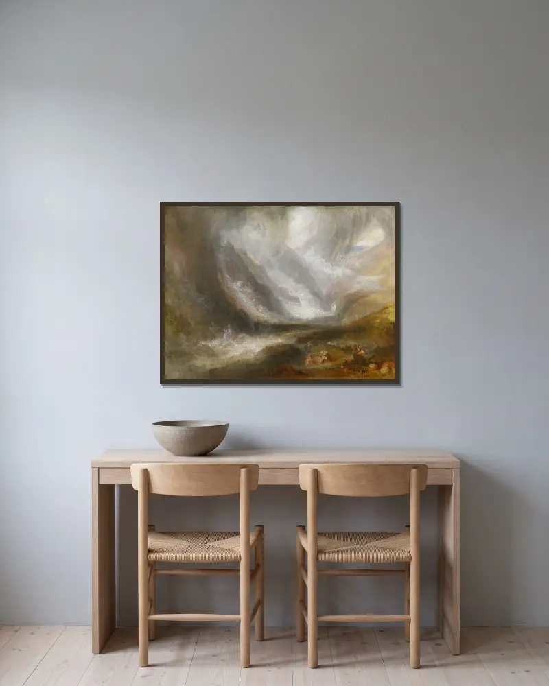 Aostadalen; snöstorm, lavin och åskväder av Joseph Mallord William Turner inramad på en vägg