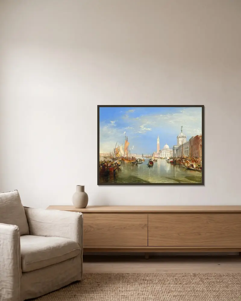 Venedig – Dogana och San Giorgio Maggiore av Joseph Mallord William Turner inramad på en vägg