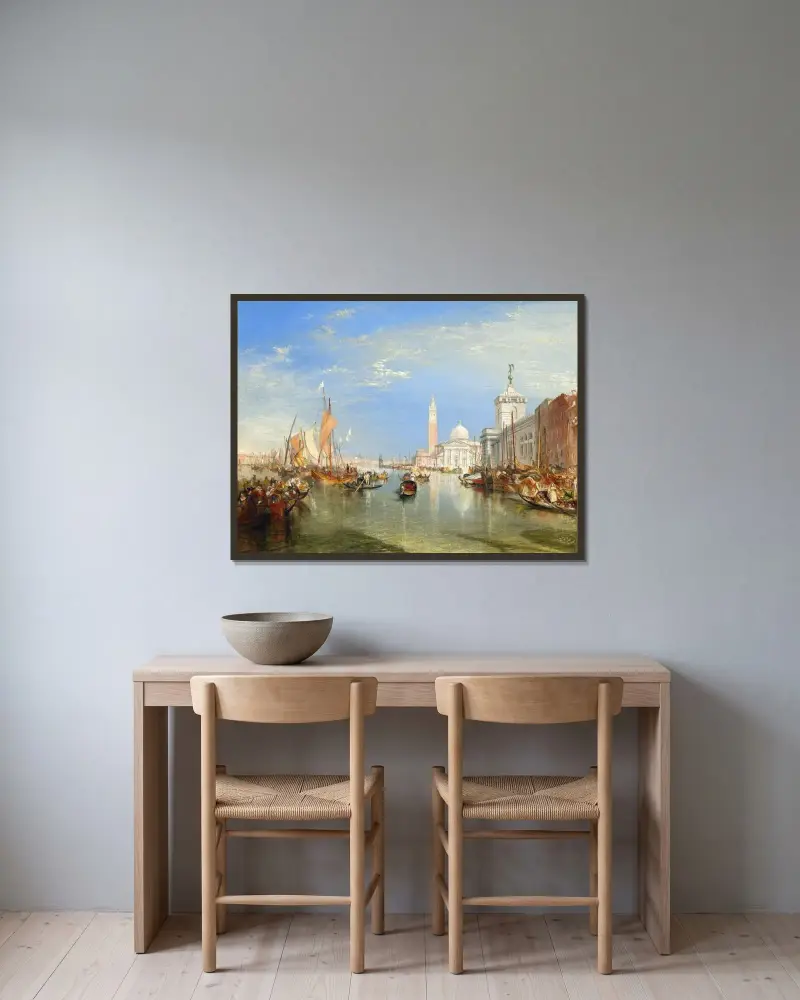 Venedig – Dogana och San Giorgio Maggiore av Joseph Mallord William Turner inramad på en vägg