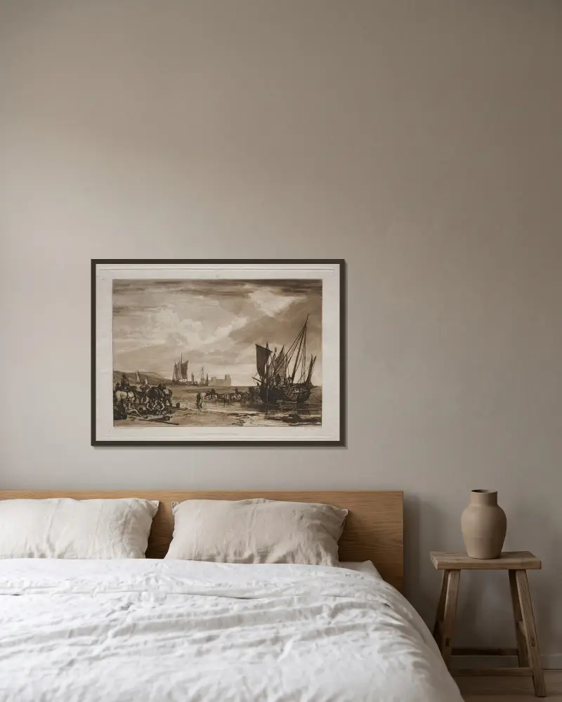 Vessels Unloading av Joseph Mallord William Turner inramad på en vägg