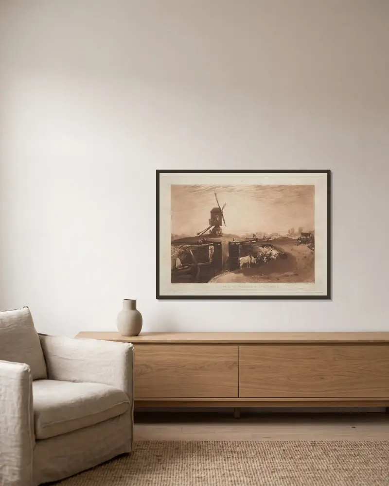 Windmühle und Schleuse von Joseph Mallord William Turner gerahmt an einer Wand