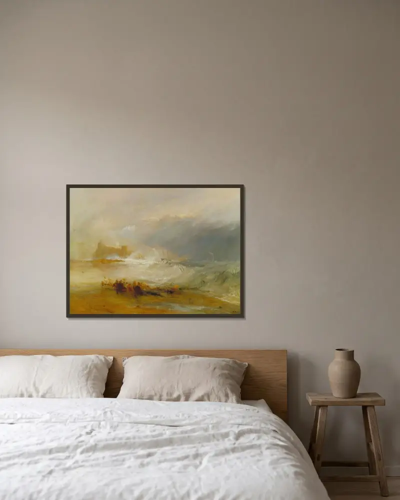 Vrakplundrare – Northumberlands kust, med en ångbåt som bistår ett fartyg utanför stranden av Joseph Mallord William Turner inramad på en vägg