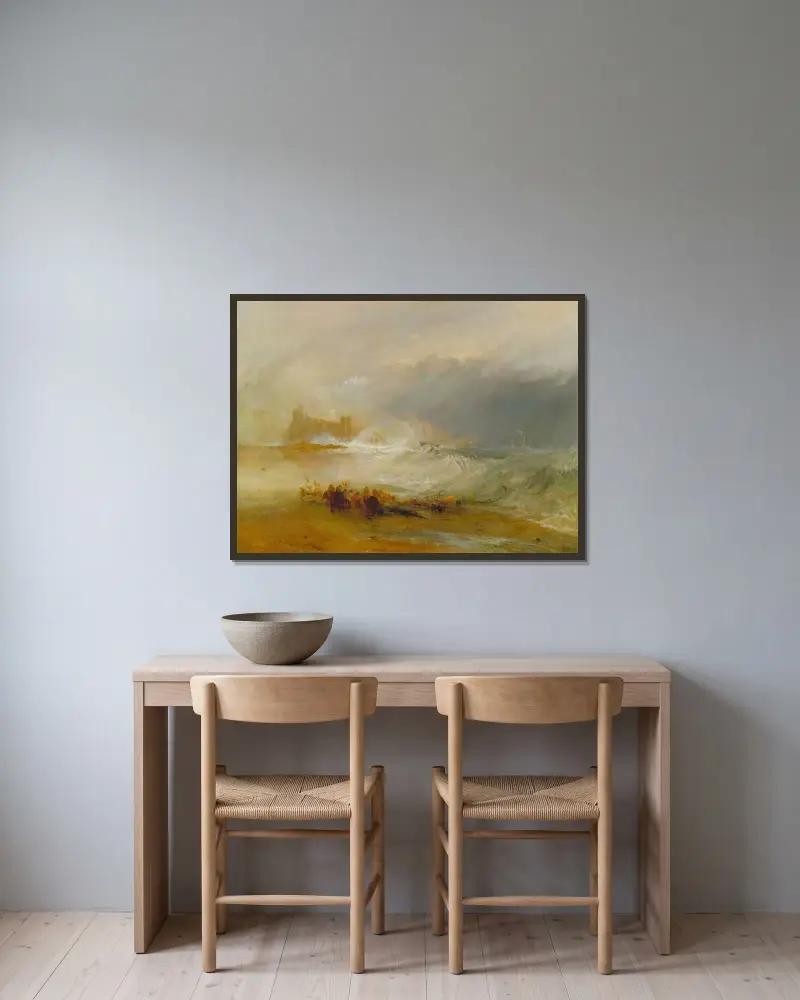 Vrakplundrare – Northumberlands kust, med en ångbåt som bistår ett fartyg utanför stranden av Joseph Mallord William Turner inramad på en vägg