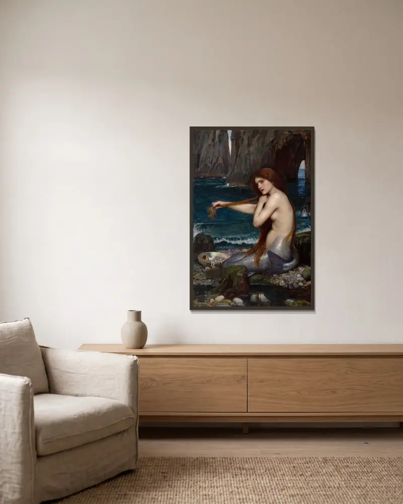 A Mermaid av John William Waterhouse inramad på en vägg