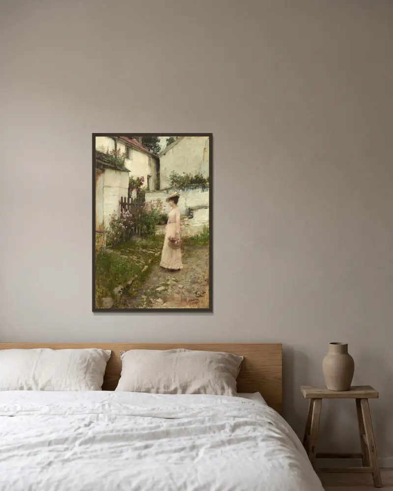 Blomsterplockning i en trädgård i Devonshire av John William Waterhouse inramad på en vägg