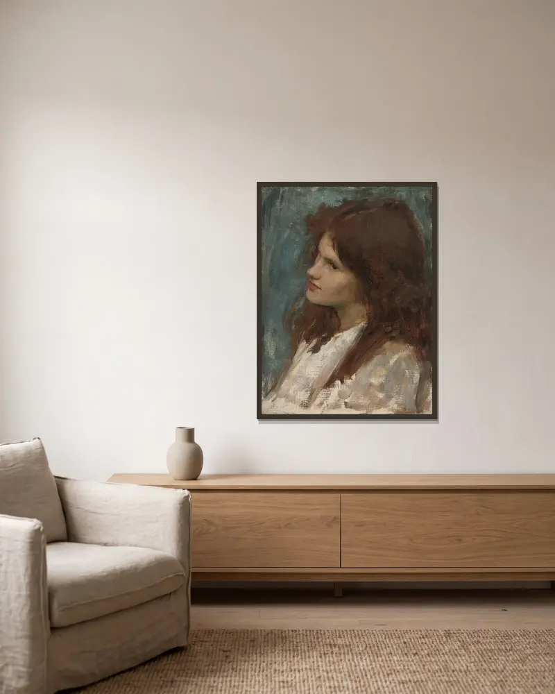 Mädchenkopf von John William Waterhouse gerahmt an einer Wand