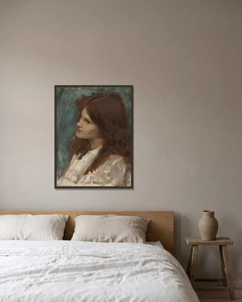 Mädchenkopf von John William Waterhouse gerahmt an einer Wand