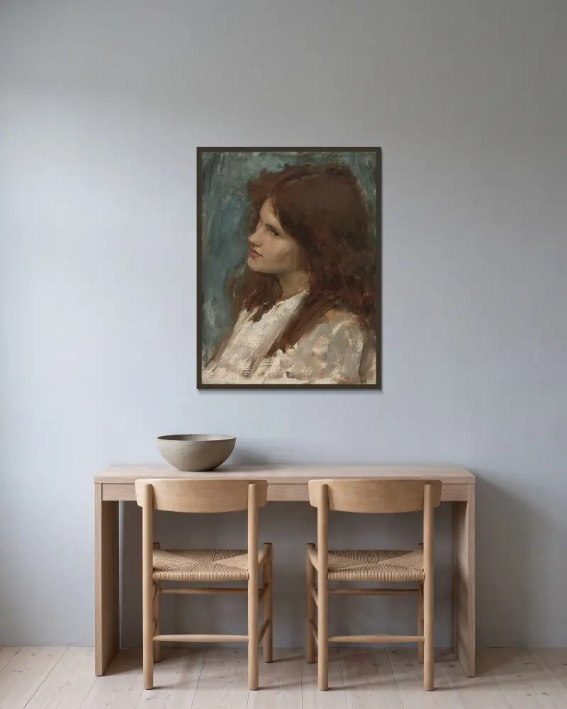 Mädchenkopf von John William Waterhouse gerahmt an einer Wand